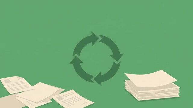 書類の山を循環する矢印で表すペーパーレス化と文書リサイクル