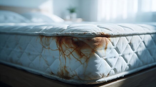 Old stained white mattress featuring large brown water marks sitting on wooden bed frame in bedroom with natural morning sunlight highlighting soft fabric textured surface