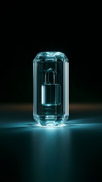 Crystal padlock encased in a faceted glass prism with glowing blue light