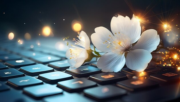 ai generated image of white flower blossom on computer keyboard with sparkling light effects