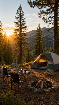Sunset mountain campsite with a dome tent, campfire ring, folding chairs and lantern among pine trees and rocky forest clearing