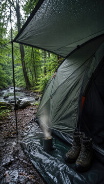 Green dome tent under a tarp beside a forest stream, steaming mug and hiking boots on wet ground in a rainy, misty woodland campsite
