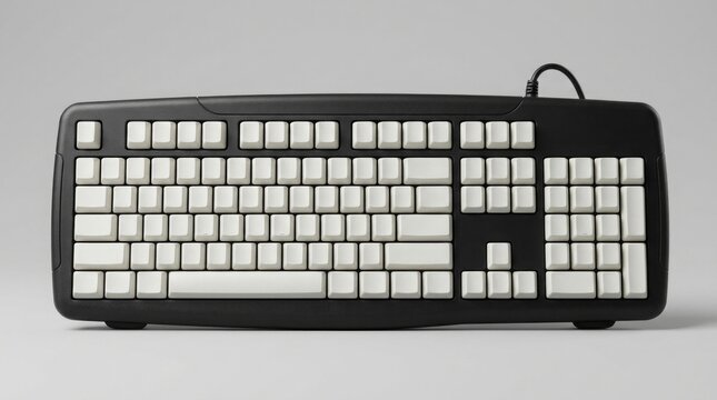 Computer keyboard featuring blank white keycaps and a sleek black plastic casing rests on a smooth grey surface under soft studio lighting.