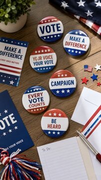 Flatlay of United States patriotic voting campaign buttons, American flag, envelope, pen, notepad, and star confetti