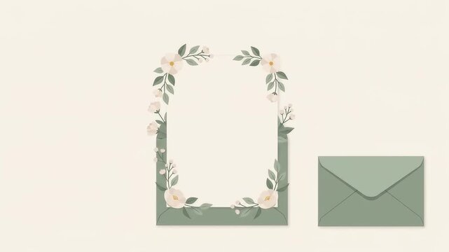 花とグリーンで飾ったウェディング招待状フレームと封筒