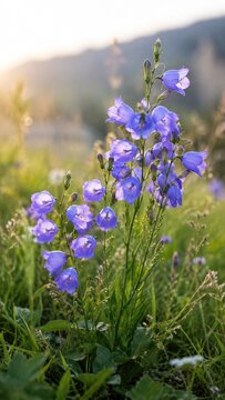 Backlit cluster of purple-blue bellflowers (campanula) blooming in a sunlit meadow at golden hour