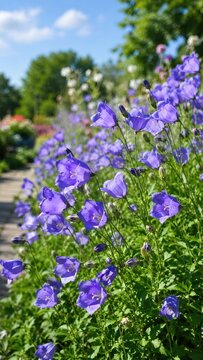 Vibrant purple bellflowers (campanula) blooming along a sunlit garden path in summer, close-up with green foliage and a softly blurred treeline background