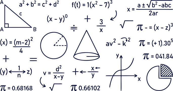 Math Formulas and Algebra Equations Vector Set with Geometry Shapes Trigonometry Calculus Functions and Handwritten Scientific Text for Education Research