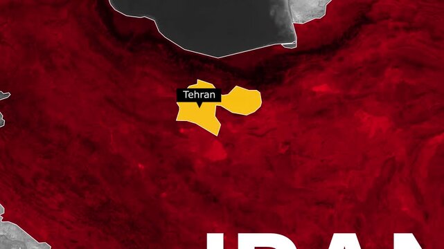 Iran national map zooming into Tehran province with bright yellow highlighting and dynamic camera animation for geographic news motion footage