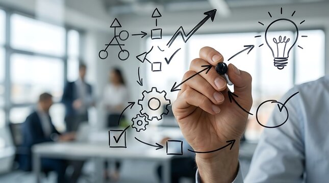 Business professional drawing a complex workflow diagram on a transparent glass board in the office.