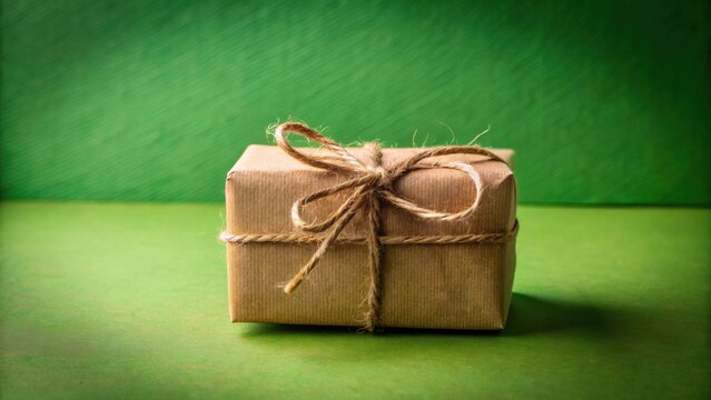 A small, simply wrapped gift box sits on a green surface, tied with twine
