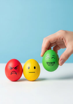 Hand selecting happy face egg from a row of emotion eggs on a light blue background