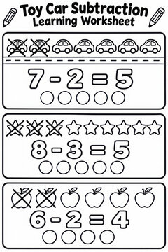 Kids Subtraction Math Worksheet with Cars, Stars and Apples