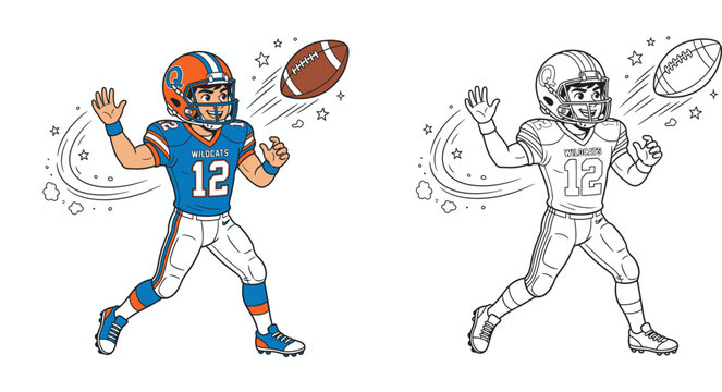 American football quarterback player throwing ball coloring page and colored cartoon vector illustration for kids sports activity