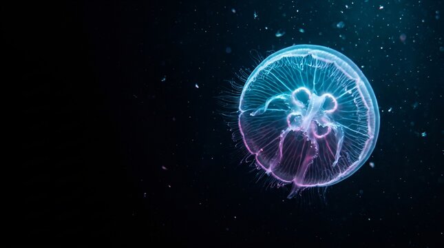 Bioluminescent Jellyfish Glowing Deep Sea Ocean Animal in Abyssal Void with Translucent Cyan Tentacles and Aquatic Biological Organism for Marine Ecosystem Biodiversity Media Banner and Copy Space