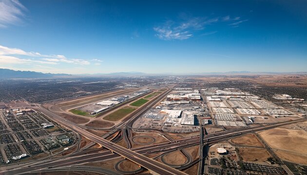 aerial perspective of denver international airport highlighting runways terminals and surroundings