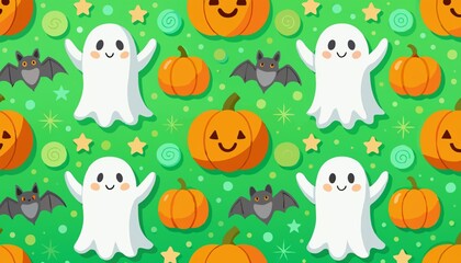 Naklejka premium A seamless Halloween pattern featuring cute ghosts, pumpkins, and bats on a vibrant green background.
