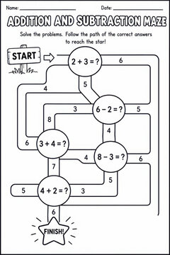 Addition and subtraction maze puzzle worksheet for kids math activity line art