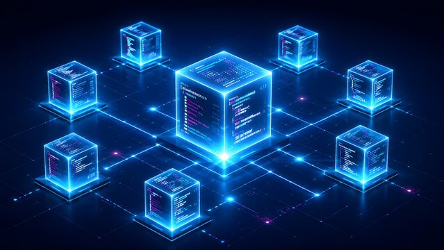 Glowing digital network of code cubes connected by luminous lines on dark grid representing microservices architecture