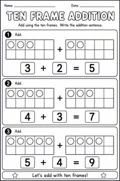 Ten frame basic addition math worksheet page for kids preschool learning line art