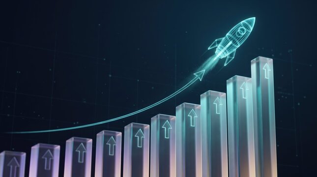 Rocket ship soaring upwards with growing bar chart