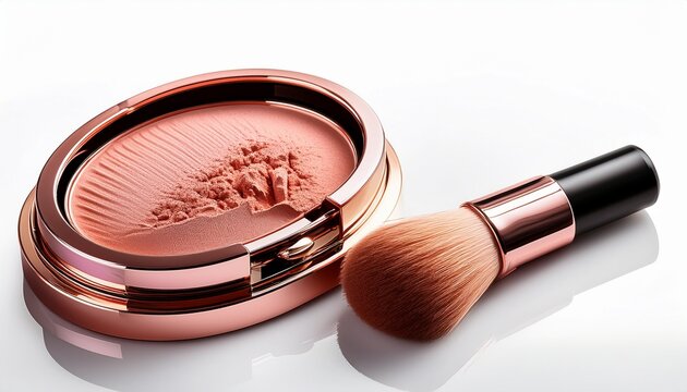 luxury rose gold makeup compact with textured pink blush powder and brush isolated white background image
