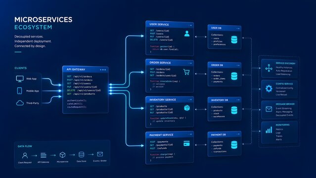 Microservices ecosystem architecture diagram illustrating decoupled services connecting clients through API gateways to isolated databases