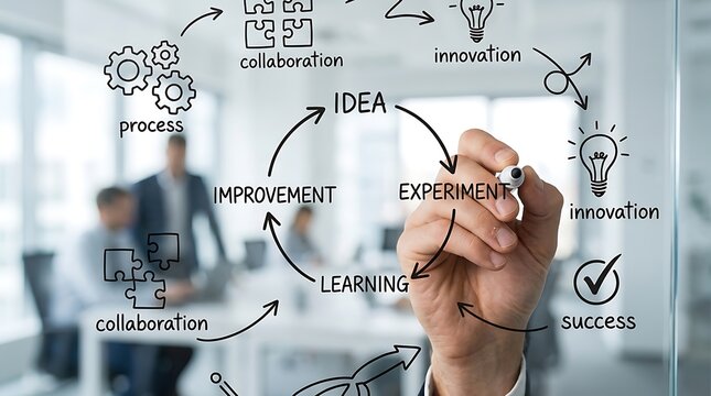 Business professional drawing a creative development cycle diagram on a glass wall in the office.