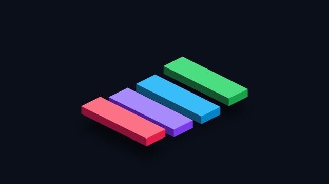 Four colorful isometric 3D rectangular blocks are aligned on a dark background.
