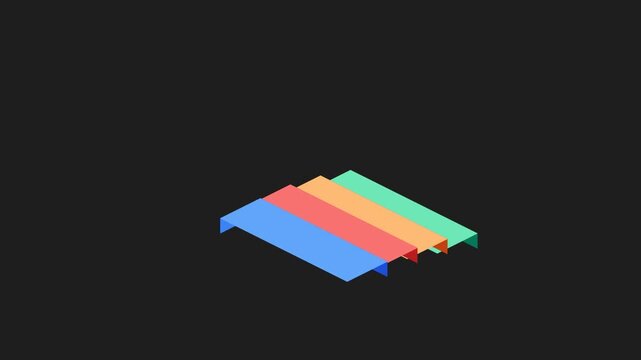 Minimalist isometric 3D animation of colorful rectangular strips on a dark background.