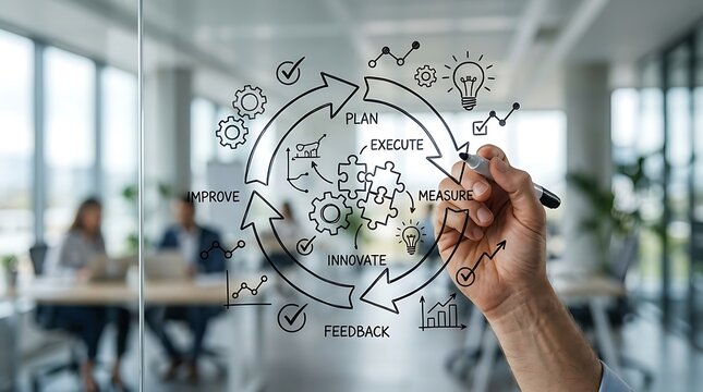 Professional drawing a business process cycle diagram on a glass wall in modern office.