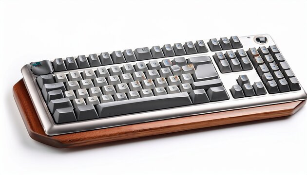 sleek silver mechanical keyboard featuring gray keycaps and wooden wrist rest isolated white background image