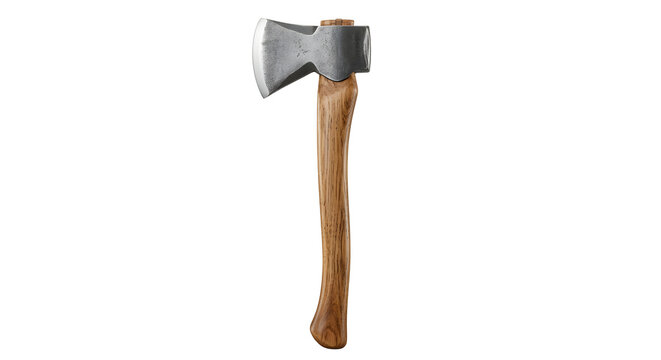 Traditional forged steel hatchet with curved wooden handle