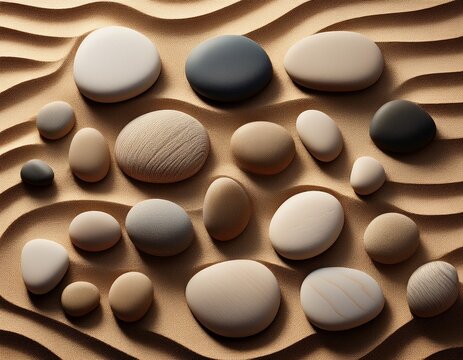 ai generated image of smooth pebbles arranged on rippled sand background