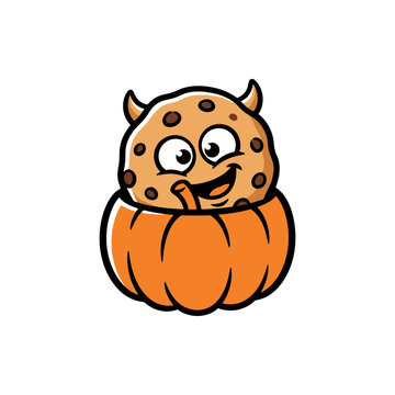 Cute cartoon cookie monster character sitting inside an orange pumpkin