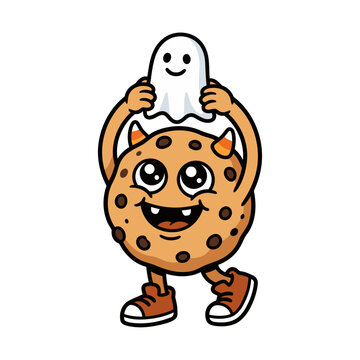 Happy cookie character holding a small white ghost toy on black background
