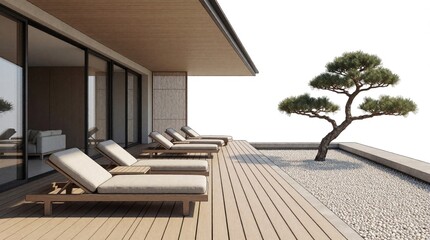 Obraz premium Modern Japanese terrace with wooden deck and sun loungers near minimalist garden. Open area provides resort relaxation, zen retreat with stone path and bonsai tree.