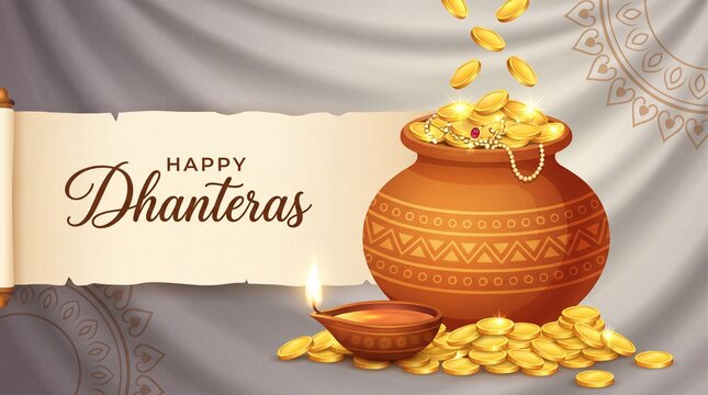 Happy dhanteras celebration with gold kalash and oil lamp diya diwali background