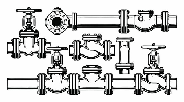 Industrial Black and White Line Drawing Collection of Various Valves and Pipe Fittings for Plumbing and Mechanical Systems