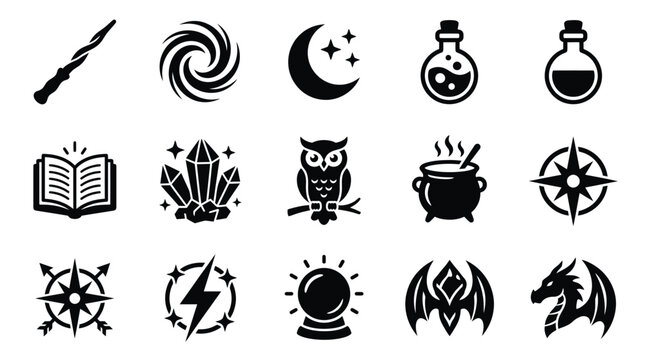 Set of 15 black magic and fantasy icons featuring a wand, vortex, crescent moon, potion bottles, grimoire, crystals, owl, cauldron, compass rose, lightning bolt, crystal ball, bat, and dragon head.