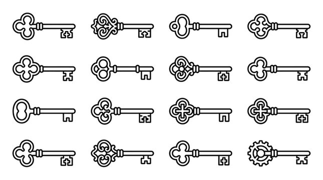 Set of sixteen antique skeleton key line icons arranged in a grid on a white background. Decorative vintage keys with various ornamental bows and bit designs in black minimalist style.