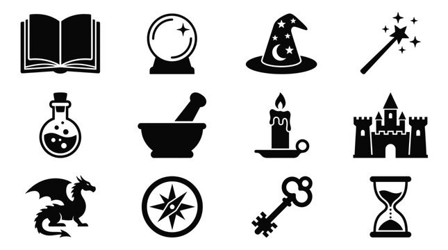 Set of black magic and fantasy icons including a dragon, castle, wizard hat, magic wand, potion bottle, spellbook, crystal ball, hourglass, key, and compass on white background.
