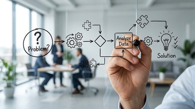 Business professional drawing a problem solving flowchart on a glass wall in modern office.