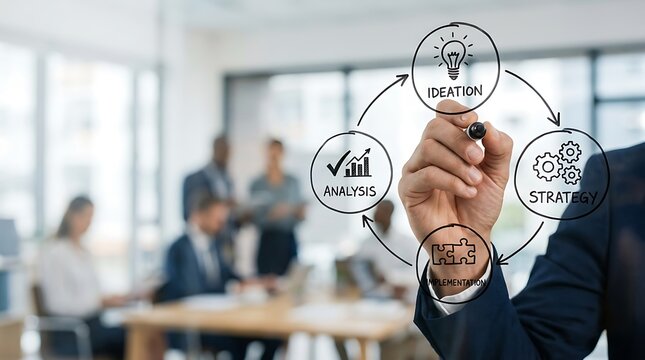 Business professional drawing a circular process diagram on a glass wall in an office.