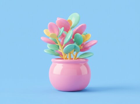 Colorful abstract flower arrangement in a pink vase against a light blue background