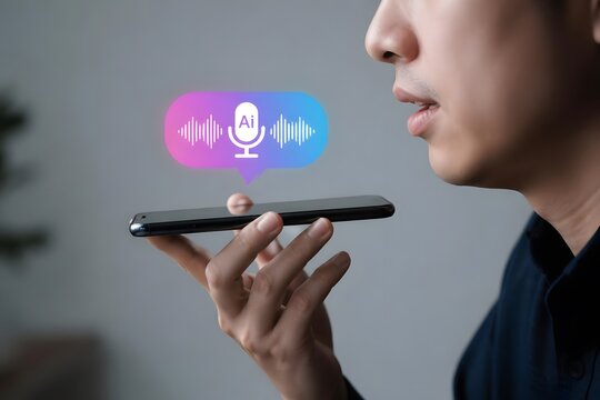 Man speaking into smartphone with AI voice assistant wave icon