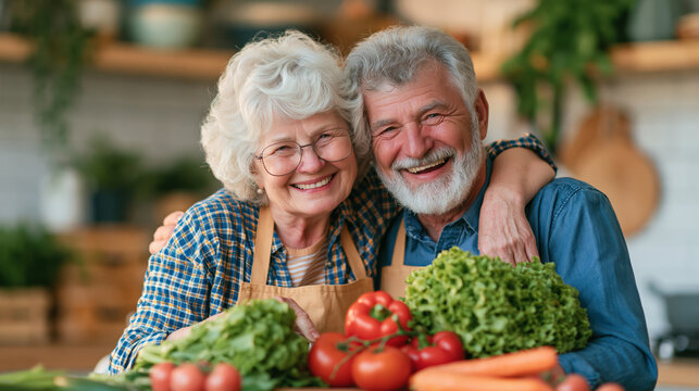 Happy elderly couple cooking together with fresh vegetables in kitchen