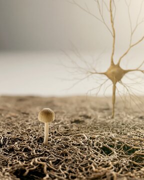 Small mushroom with neuron and dense nerve network, concept of psilocybin research into preventing sensory nerve damage and peripheral neuropathy during chemotherapy