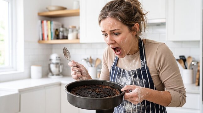 Stressed woman screaming at failed baking disaster covered in flour. Cooking mistake, ruined food and household fail concept.