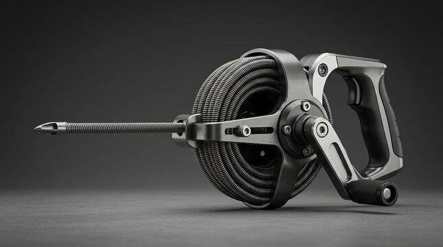 Industrial cable reel tool featuring a robust metallic frame, winding hand crank, and coiled black wire stands against a dark studio background.